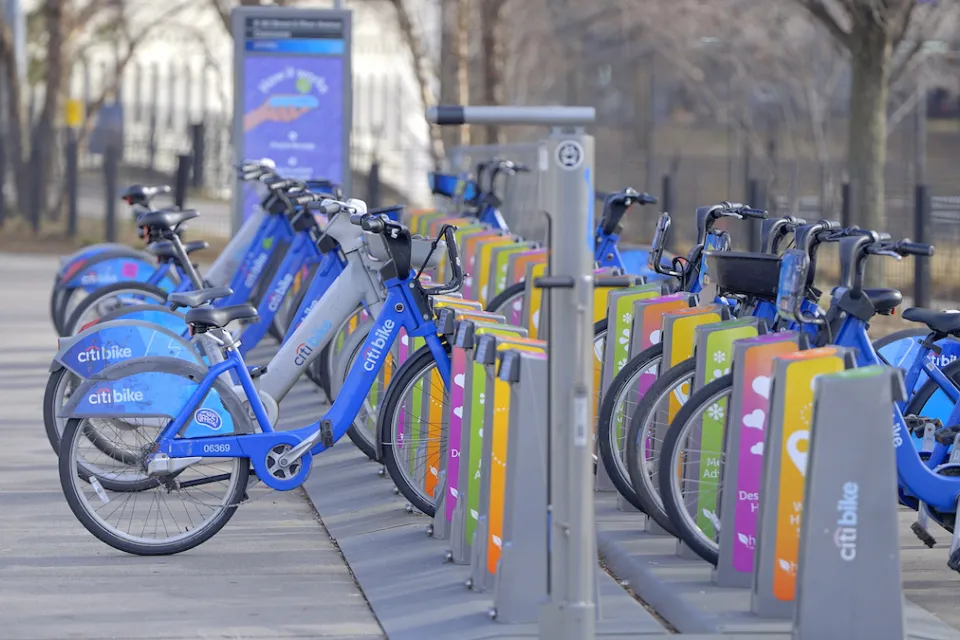 Citi Bike bike share station on street in New York City.